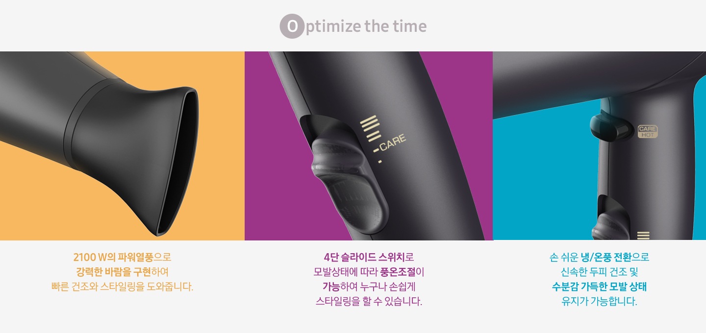 Optimize the time 문구와 함께 왼쪽부터 제품 부분별 확대 이미지와 설명이 나열되어있습니다.