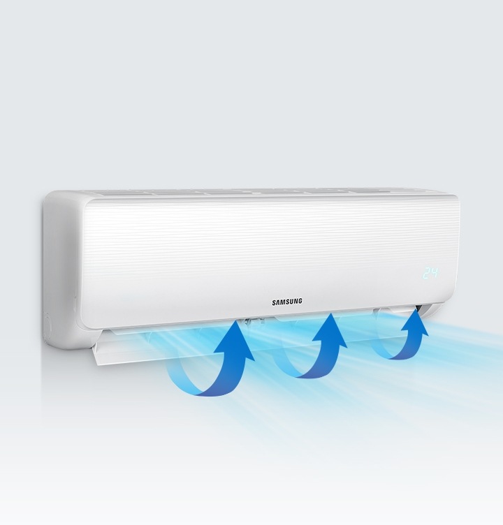 상하스윙 기능으로 위 아래로 바람을 내보내는 벽걸이에어컨을 보여주고 있습니다.