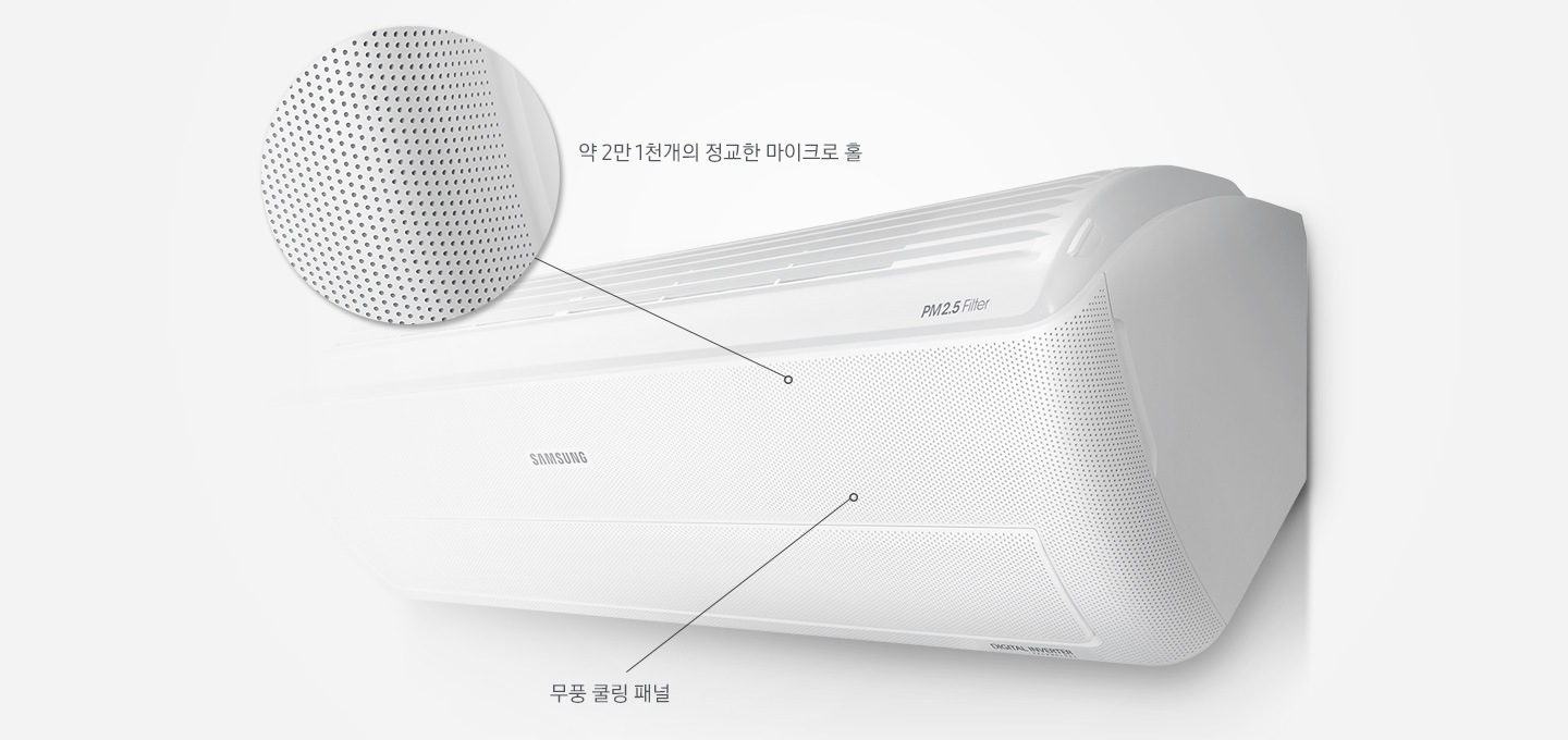 벽걸이 에어컨이 보여지고 있으며, 약 2만 1천 개의 정교한 마이크로 홀, 무풍 쿨링 패널 텍스트와 위치를 나타내는 화살표가 보여지고 있으며, 마이크로 홀이 확대되어 보여지고 있습니다.