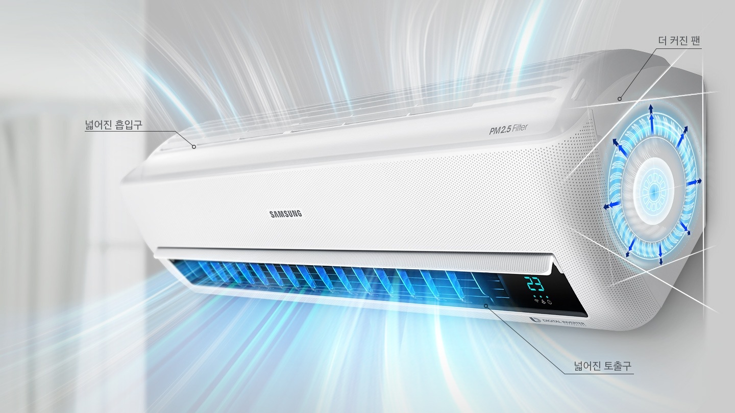 작동되고 있는 벽걸이에어컨의 넓어진 흡입구와 더 커진팬, 넓어진 토출구를 강조하여 보여주고 있습니다.