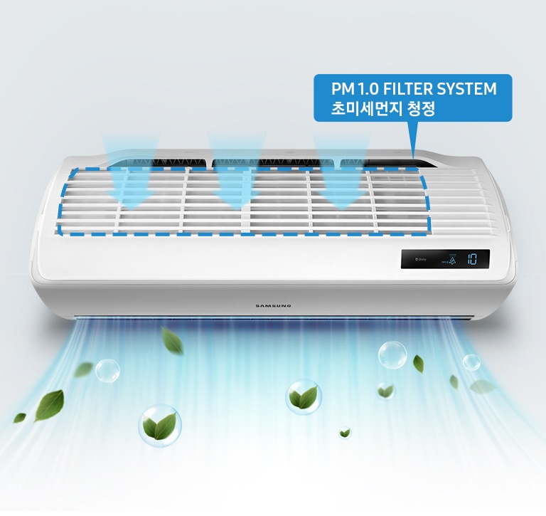 PM 1.0 필터가 실내 공기 중의 미세먼지를 청정하는 설명의 이미지가 보여지고 있습니다.