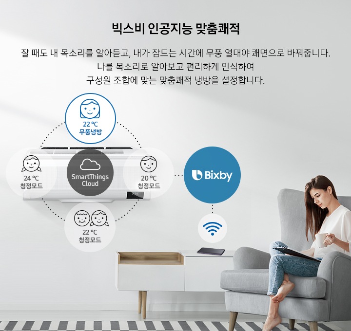 빅스비 인공지능 맞춤쾌적. 잘 때도 내 목소리를 알아듣고, 내가 잠드는 시간에 무풍 열대야 쾌면으로 바꿔줍니다.   나를 목소리로 알아보고 편리하게 인식하여 구성원 조합에 맞는 맞춤쾌적 냉방을 설정합니다.