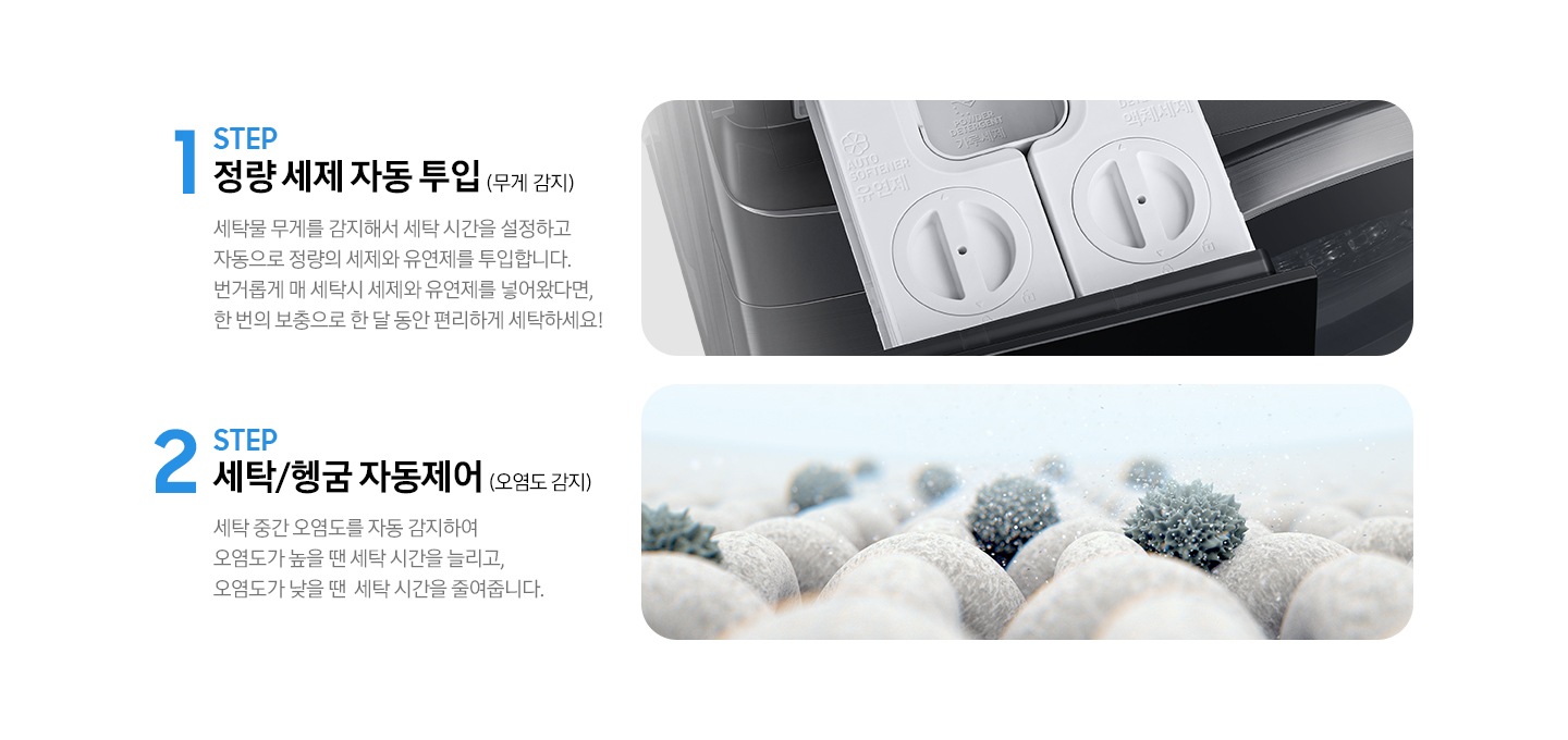 STEP 1. 정량 세제 자동 투입(무게 감지) 세탁물 무게를 감지해서 세탁 시간을 설정하고 자동으로 정량의 세제와 유연제를 투입합니다. 라는 문구와 세제 투입구가 보여지고 아래 STEP 2. 세탁/헹굼 자동제어(오염도 감지) 세탁 중간 오염도를 자동 감지하여 오염도가 높을 땐 세탁 시간을 늘리고, 오염도가 낮을 땐 세탁 시간을 줄려줍니다. 라는 문구와 옷감에 붙은 오염물질을 확대해서 보여주는 이미지가 있습니다.