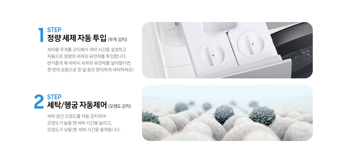 STEP 1. 정량 세제 자동 투입(무게 감지) 세탁물 무게를 감지해서 세탁 시간을 설정하고 자동으로 정량의 세제와 유연제를 투입합니다. 라는 문구와 세제 투입구가 보여지고 아래 STEP 2. 세탁/헹굼 자동제어(오염도 감지) 세탁 중간 오염도를 자동 감지하여 오염도가 높을 땐 세탁 시간을 늘리고, 오염도가 낮을 땐 세탁 시간을 줄려줍니다. 라는 문구와 옷감에 붙은 오염물질을 확대해서 보여주는 이미지가 있습니다.