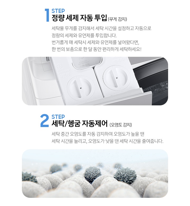 STEP 1. 정량 세제 자동 투입(무게 감지) 세탁물 무게를 감지해서 세탁 시간을 설정하고 자동으로 정량의 세제와 유연제를 투입합니다. 라는 문구와 세제 투입구가 보여지고 아래 STEP 2. 세탁/헹굼 자동제어(오염도 감지) 세탁 중간 오염도를 자동 감지하여 오염도가 높을 땐 세탁 시간을 늘리고, 오염도가 낮을 땐 세탁 시간을 줄려줍니다. 라는 문구와 옷감에 붙은 오염물질을 확대해서 보여주는 이미지가 있습니다.
