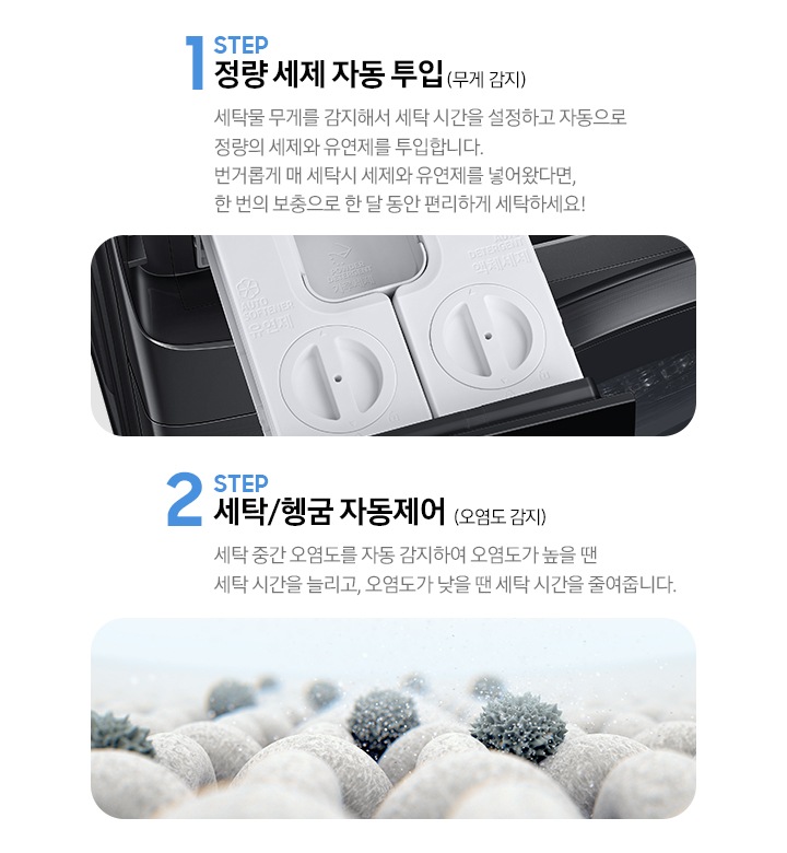 STEP 1. 정량 세제 자동 투입(무게 감지) 세탁물 무게를 감지해서 세탁 시간을 설정하고 자동으로 정량의 세제와 유연제를 투입합니다. 라는 문구와 세제 투입구가 보여지고 아래 STEP 2. 세탁/헹굼 자동제어(오염도 감지) 세탁 중간 오염도를 자동 감지하여 오염도가 높을 땐 세탁 시간을 늘리고, 오염도가 낮을 땐 세탁 시간을 줄려줍니다. 라는 문구와 옷감에 붙은 오염물질을 확대해서 보여주는 이미지가 있습니다.