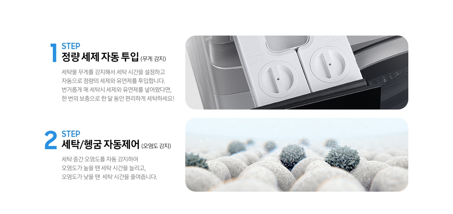 STEP 1. 정량 세제 자동 투입(무게 감지) 세탁물 무게를 감지해서 세탁 시간을 설정하고 자동으로 정량의 세제와 유연제를 투입합니다. 라는 문구와 세제 투입구가 보여지고 아래 STEP 2. 세탁/헹굼 자동제어(오염도 감지) 세탁 중간 오염도를 자동 감지하여 오염도가 높을 땐 세탁 시간을 늘리고, 오염도가 낮을 땐 세탁 시간을 줄려줍니다. 라는 문구와 옷감에 붙은 오염물질을 확대해서 보여주는 이미지가 있습니다.