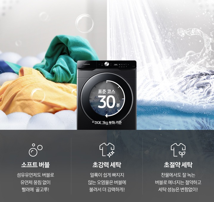 세탁기 안에서 세탁되고 있는 모습이 보여지고 아래 제품 이미지와 소프트 버블, 초강력 세탁, 초절약 세탁을 설명하는 문구와 아이콘이 보여집니다.