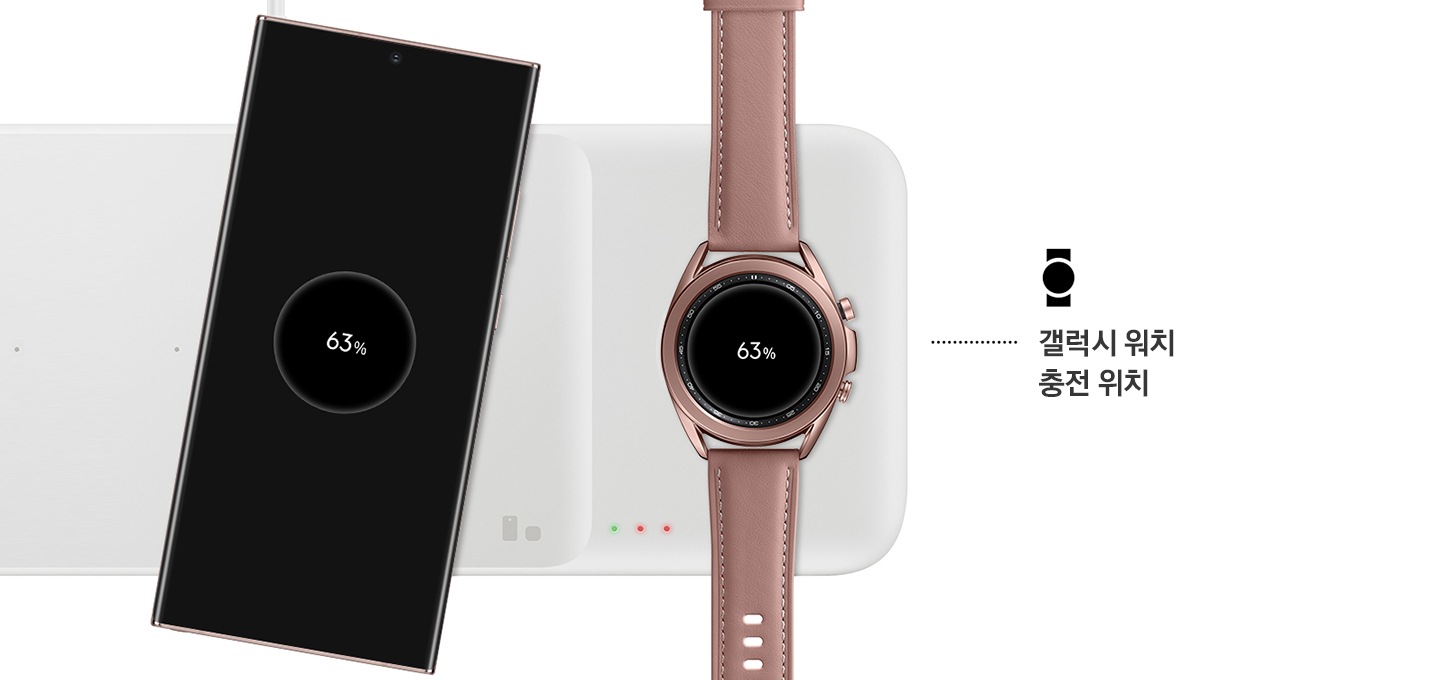 제품 위에 갤럭시 노트20 Ultra 5G와 갤럭시 워치3가 놓여있으며, 워치3 우측에 갤럭시 워치 충전 위치 표시가 되어있습니다.