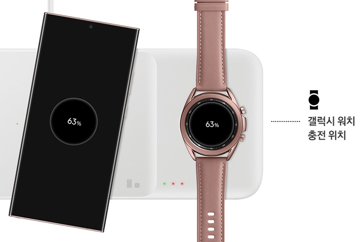 제품 위에 갤럭시 노트20 Ultra 5G와 갤럭시 워치3가 놓여있으며, 워치3 우측에 갤럭시 워치 충전 위치 표시가 되어있습니다.