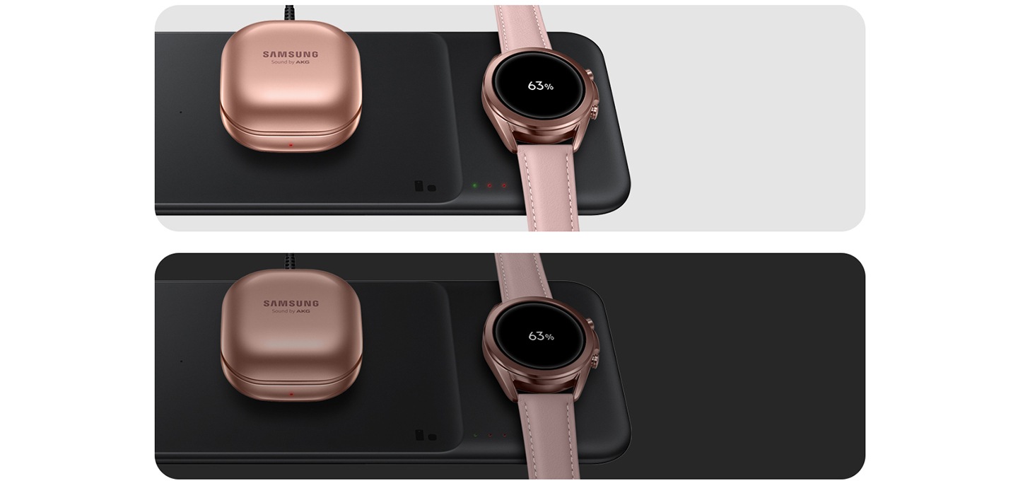 갤럭시 버즈 라이브, 갤럭시 워치3를 충전 중인 무선 충전 트리오가 각각 밝은 배경, 어두운 배경에 비교되어 보이고 있습니다.