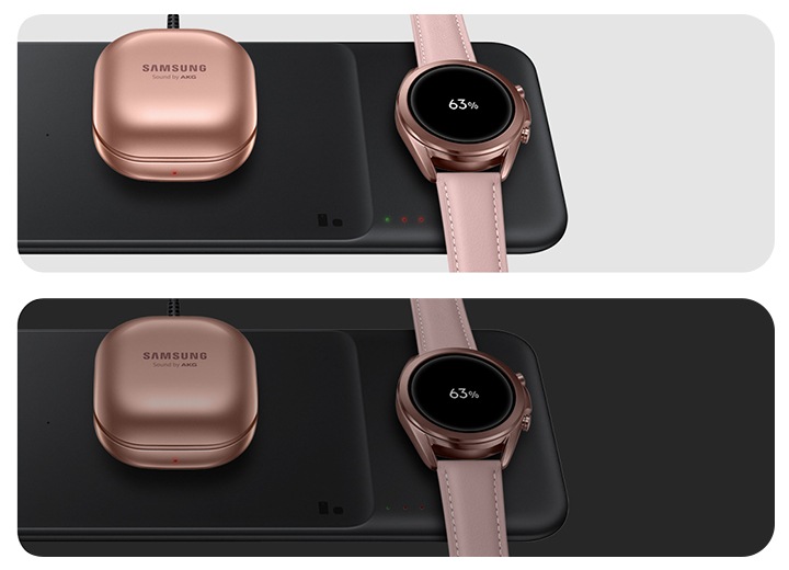 갤럭시 버즈 라이브, 갤럭시 워치3를 충전 중인 무선 충전 트리오가 각각 밝은 배경, 어두운 배경에 비교되어 보이고 있습니다.