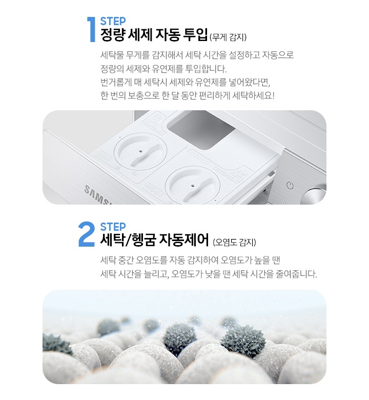 STEP 1. 정량 세제 자동 투입(무게 감지) 세탁물 무게를 감지해서 세탁 시간을 설정하고 자동으로 정량의 세제와 유연제를 투입합니다. 라는 문구와 세제 투입구가 보여지고 아래 STEP 2. 세탁/헹굼 자동제어(오염도 감지) 세탁 중간 오염도를 자동 감지하여 오염도가 높을 땐 세탁 시간을 늘리고, 오염도가 낮을 땐 세탁 시간을 줄려줍니다. 라는 문구와 옷감에 붙은 오염물질을 확대해서 보여주는 이미지가 있습니다.