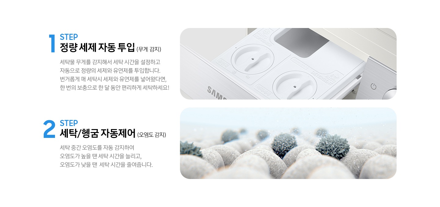 STEP 1. 정량 세제 자동 투입(무게 감지) 세탁물 무게를 감지해서 세탁 시간을 설정하고 자동으로 정량의 세제와 유연제를 투입합니다. 라는 문구와 세제 투입구가 보여지고 아래 STEP 2. 세탁/헹굼 자동제어(오염도 감지) 세탁 중간 오염도를 자동 감지하여 오염도가 높을 땐 세탁 시간을 늘리고, 오염도가 낮을 땐 세탁 시간을 줄려줍니다. 라는 문구와 옷감에 붙은 오염물질을 확대해서 보여주는 이미지가 있습니다.