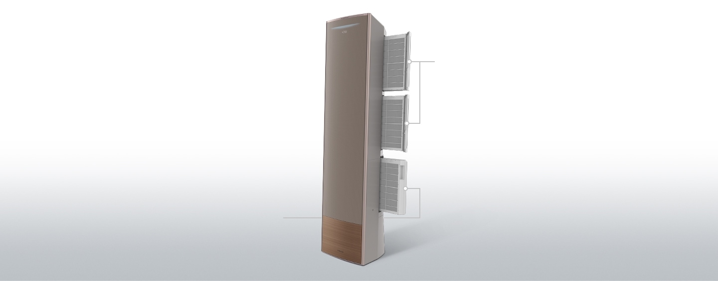 삼성무풍에어컨 캔버스우드 제품이 왼쪽 방향을 향해 세워져 있으며, 제품 뒤로 PM1.0 필터와 e-HEPA 필터가 살짝 나와있는 모습입니다.