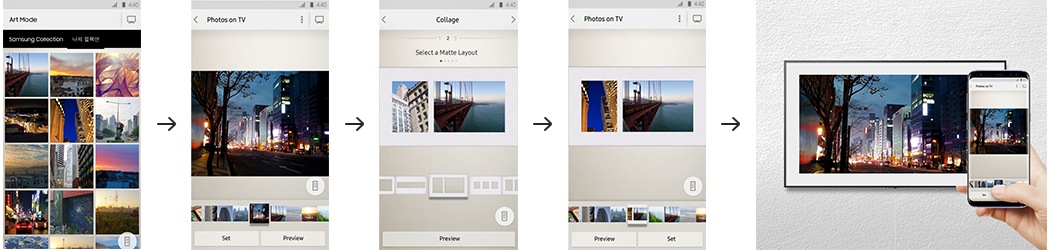 스마트 앱을 실행하여 사진과 매트 레이아웃, 컬러를 선택한 후 프레임 TV에 전시하는 과정을 보여주는 장면입니다. 