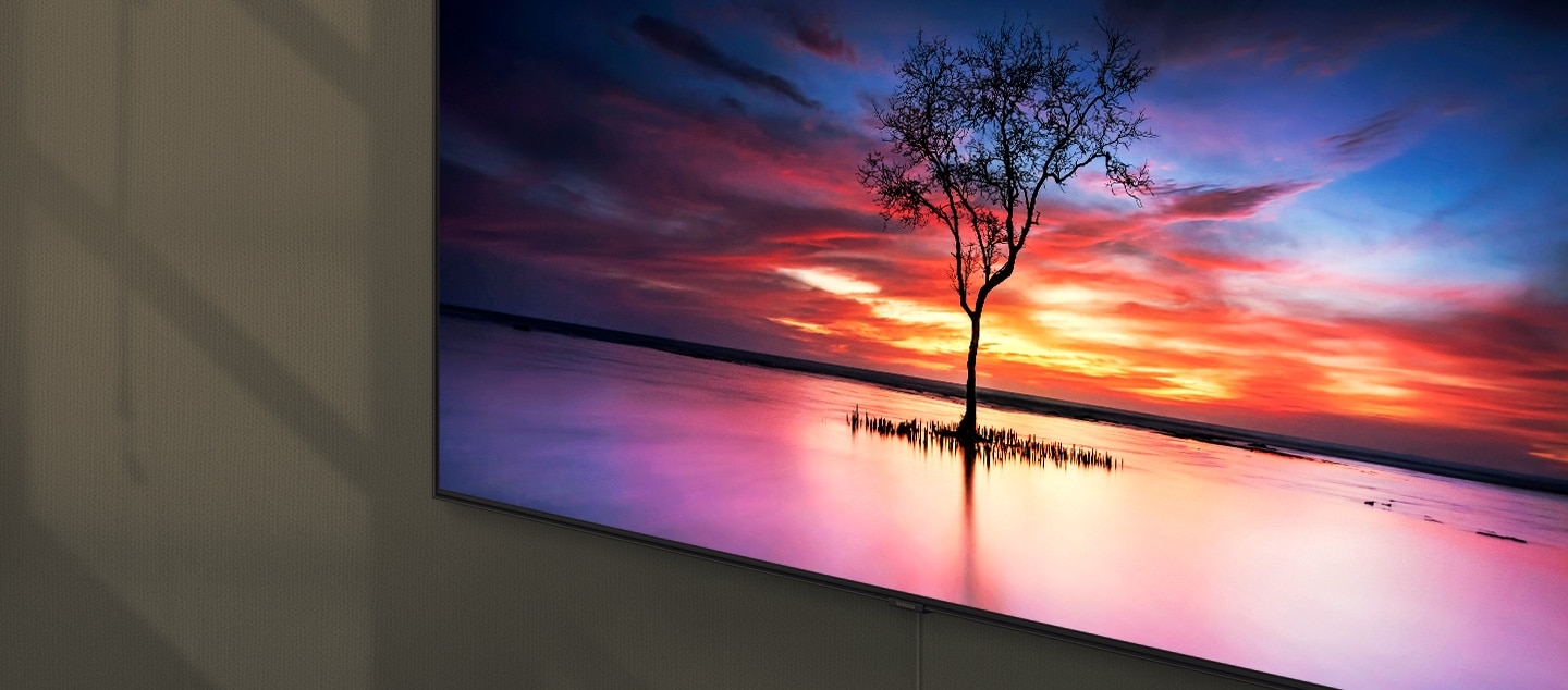 QLED TV 탭 클릭 시 노출되는 이미지 입니다. 벽에 QLED TV가 걸려져 있으며 화면 안에는 얕은 물가 위에 나무 한 그루가 보여집니다. 아침부터 밤까지 화면에 주변 그림자와 인테리어가 비치지 않고 깔끔하게 보여집니다.