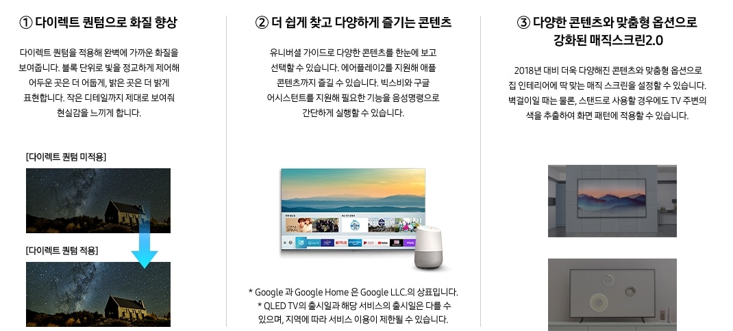 19년형 QLED 4K의 달라진 점을 화질, 편의성, 스타일 세 가지로 나눠 설명하는 이미지입니다. 