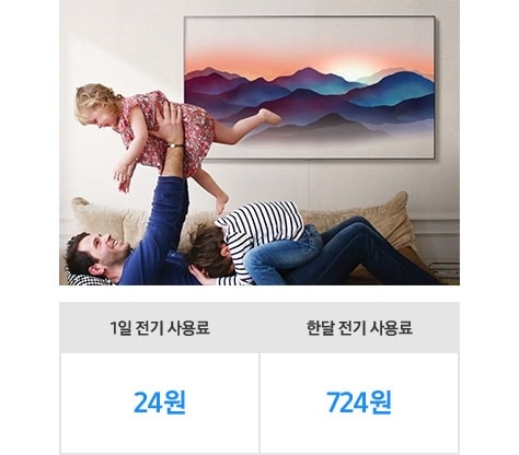 매직 스크린 모드로 설정된 QLED TV가 벽에 걸려 있고, 그 아래 소파에 아빠와 아이들이 놀고 있는 모습이 보입니다. 이미지 하단에 표 형태로 매직 스크린 사용 시 발생하는 전기료를 보여줍니다. ‘1일 전기 사용료 24원, 한 달 전기 사용료 724원’이라고 쓰여 있습니다.