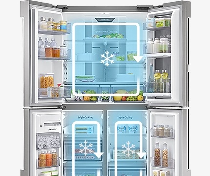 문이 활짝 열린 T9000 내부 각각의 칸에 냉기를 나타내는 인포그래픽이 보여집니다.