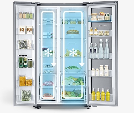 양쪽 문이 활짝 열린 F9000 내부에 냉기의 흐름을 보여주는 인포그래픽이 그려져 있습니다.