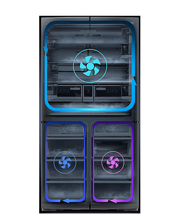 냉장고 3개의 칸에 칸 별 독립 냉각을 나타내는 아이콘으로 표시되어 있습니다.