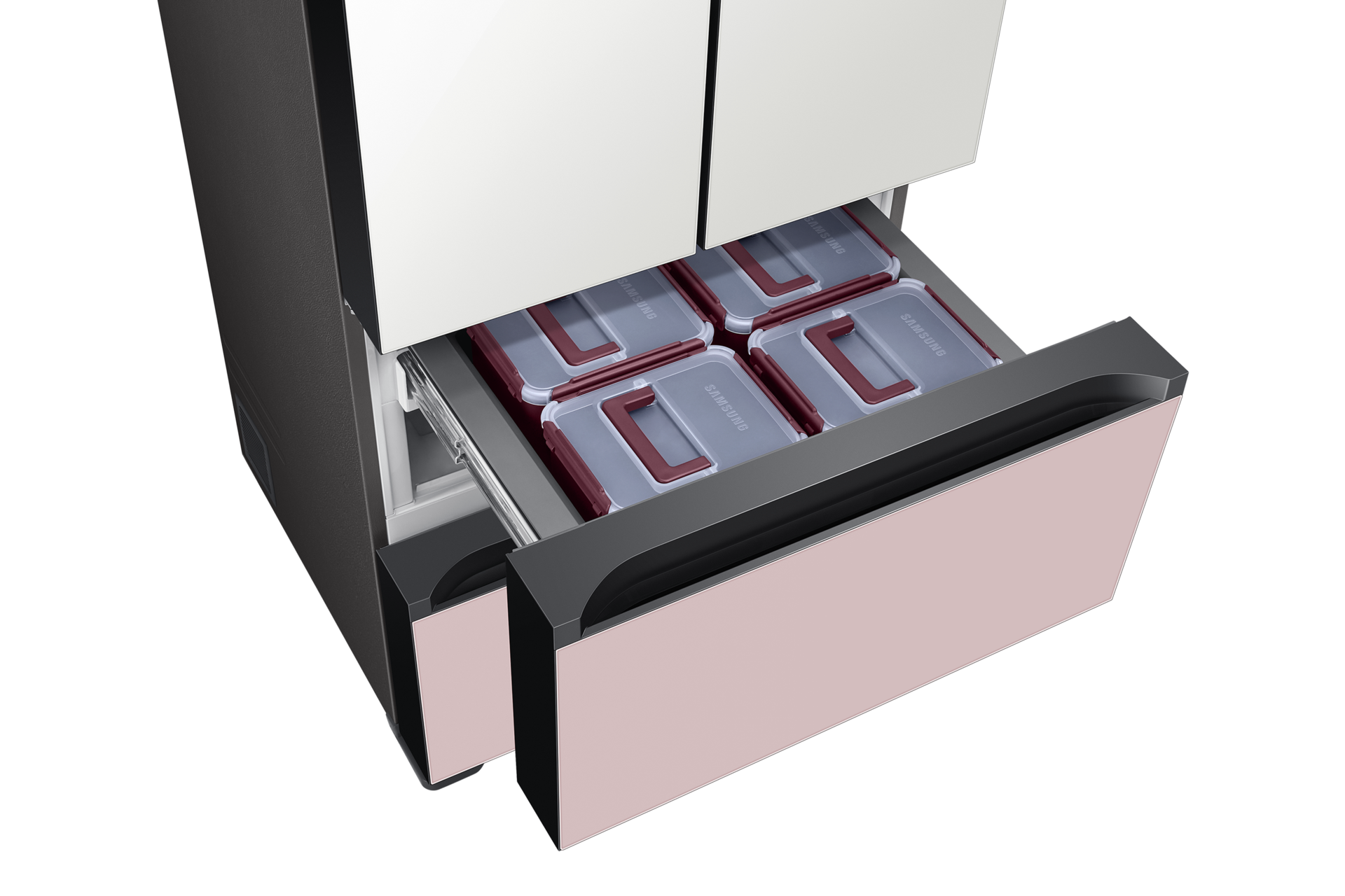 글램 화이트+글램 핑크 앞면 오른쪽 30도 중칸 서랍 열림 확대