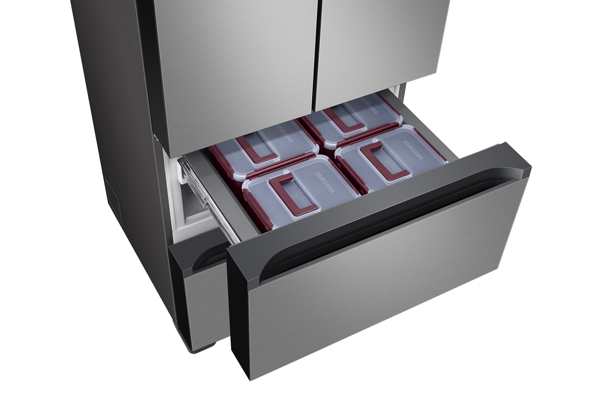 린넨 실버 앞면 왼쪽 30도 중칸 서랍 열림 확대 김치통 있음