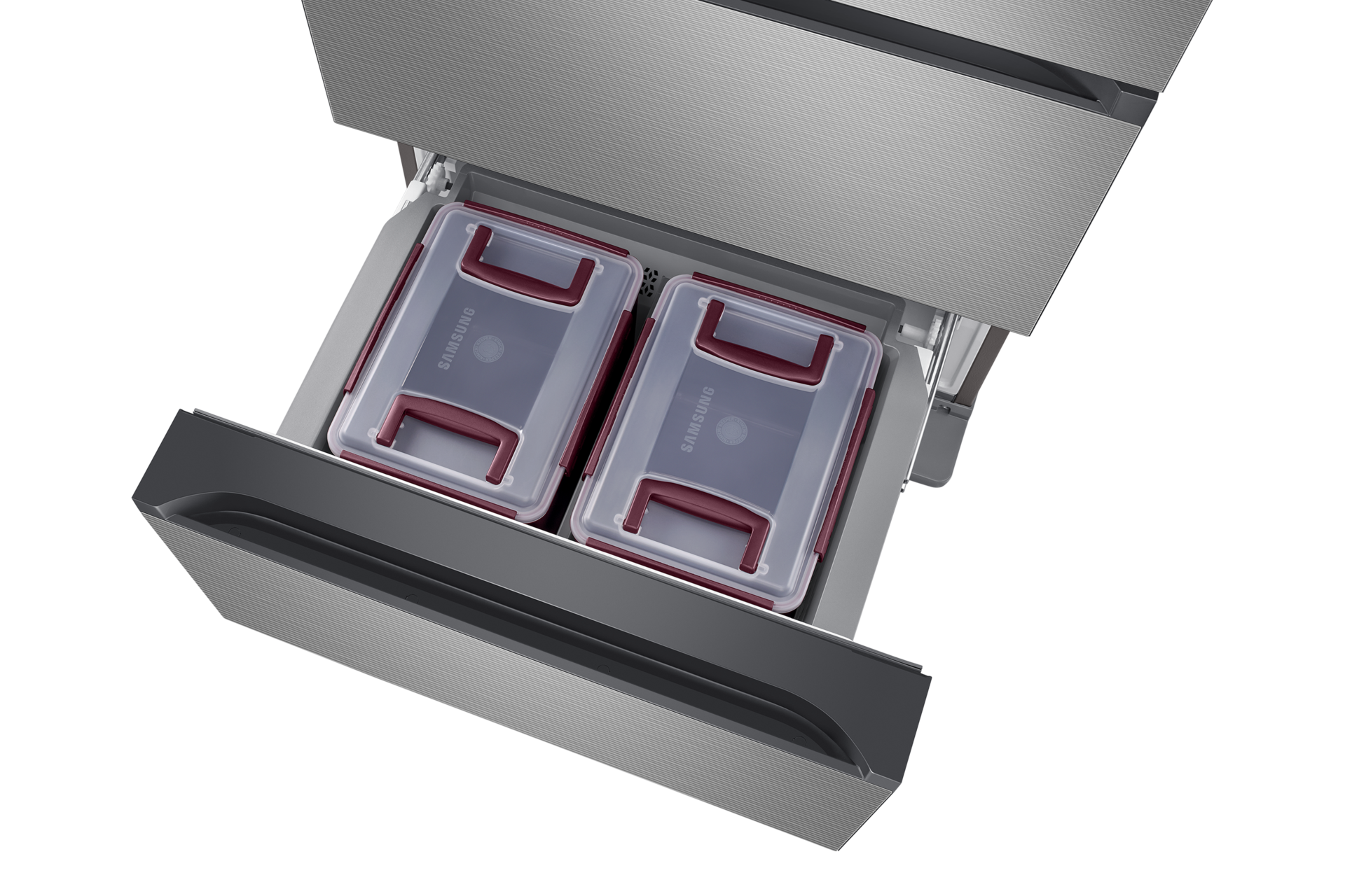 린넨 실버 앞면 오른쪽 30도 하칸 서랍 열림 확대 김치통 있음