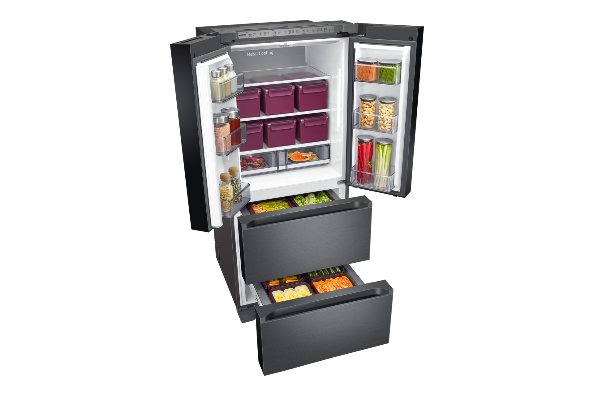 리파인드 이녹스 앞면 왼쪽 30도 상중하칸 열림 내용물 있음