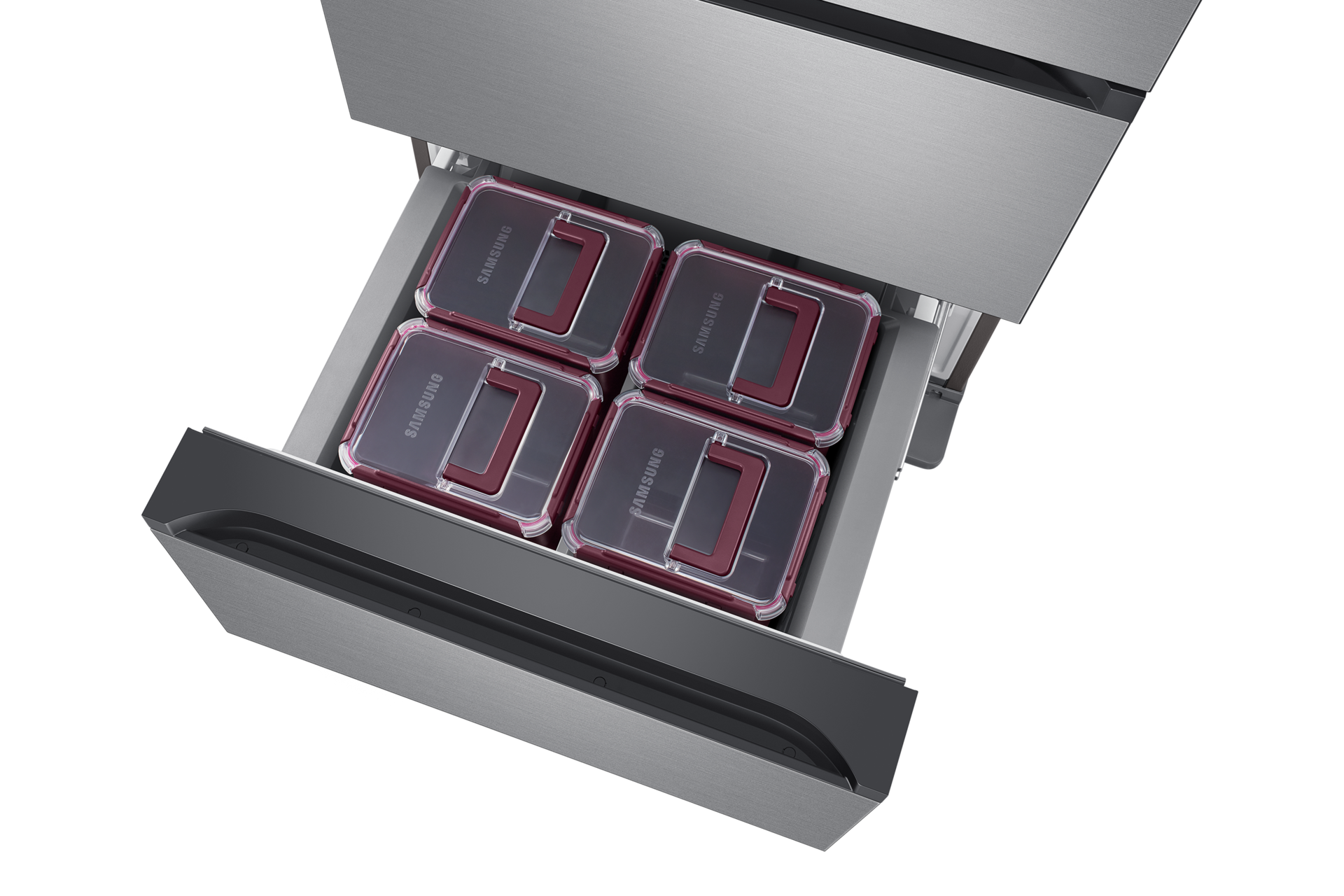 더블 실버 앞면 오른쪽 30도 중칸 서랍 열림 확대 김치통 있음