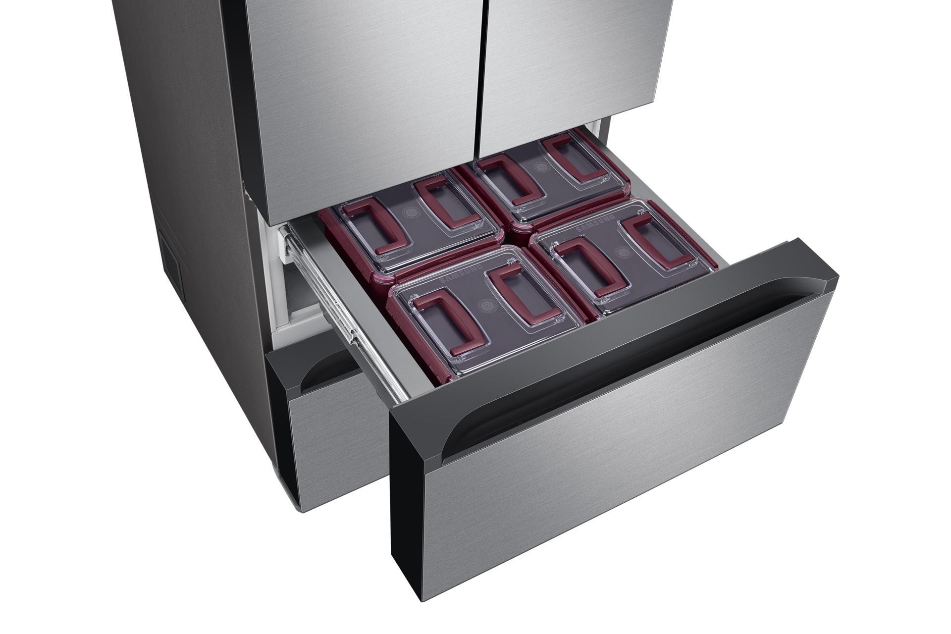 더블 실버 앞면 왼쪽 30도 중칸 서랍 열림 확대 김치통 있음