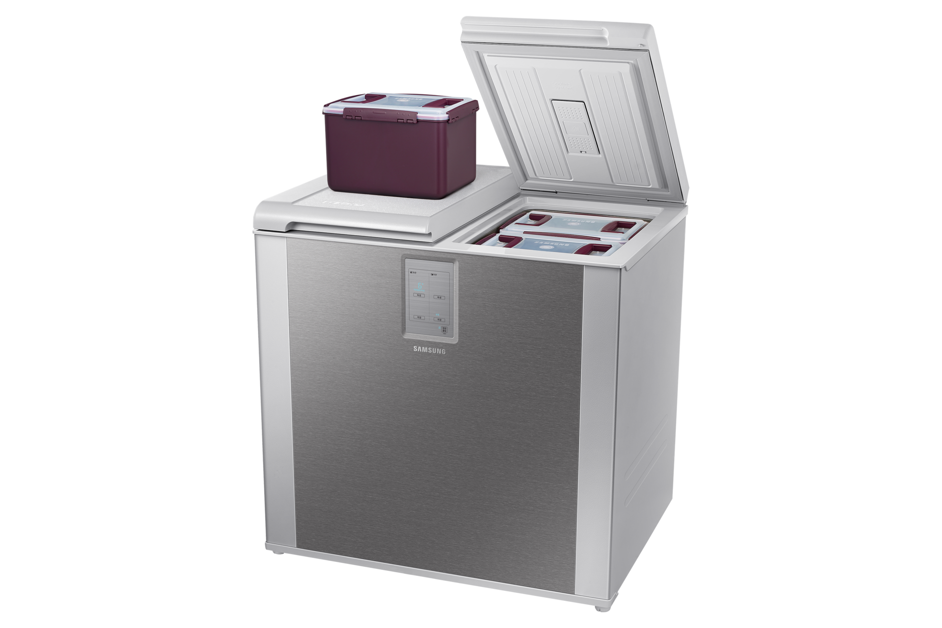 제품 오른쪽 30도 왼쪽 도어 열림 오른쪽 도어 위 김치통 놓임 