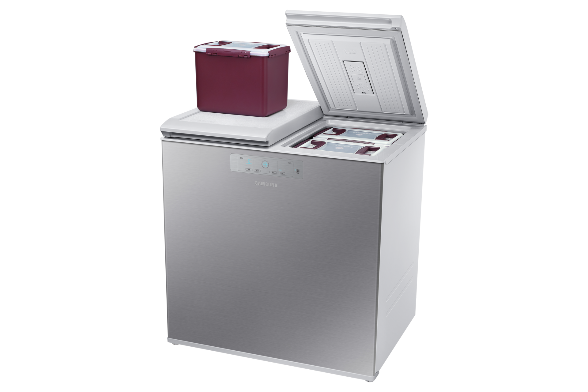 리파인드 이녹스 정면 오른쪽 30도 왼쪽도어 열림 오른쪽 도어 위 김치통 놓임