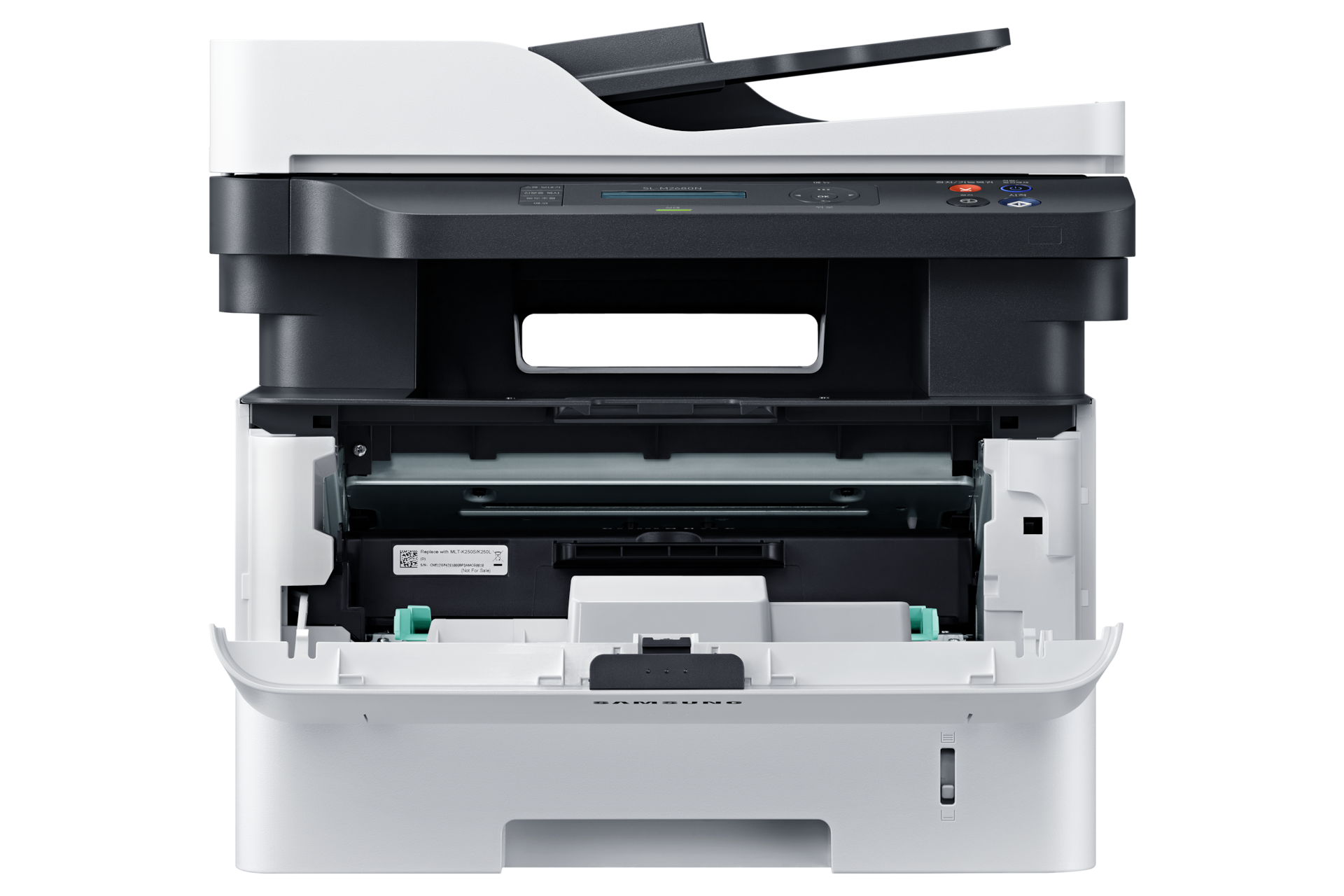 흑백 레이저 복합기 26 ppm 화이트 제품 뒷면 토너 삽입구 열린 이미지