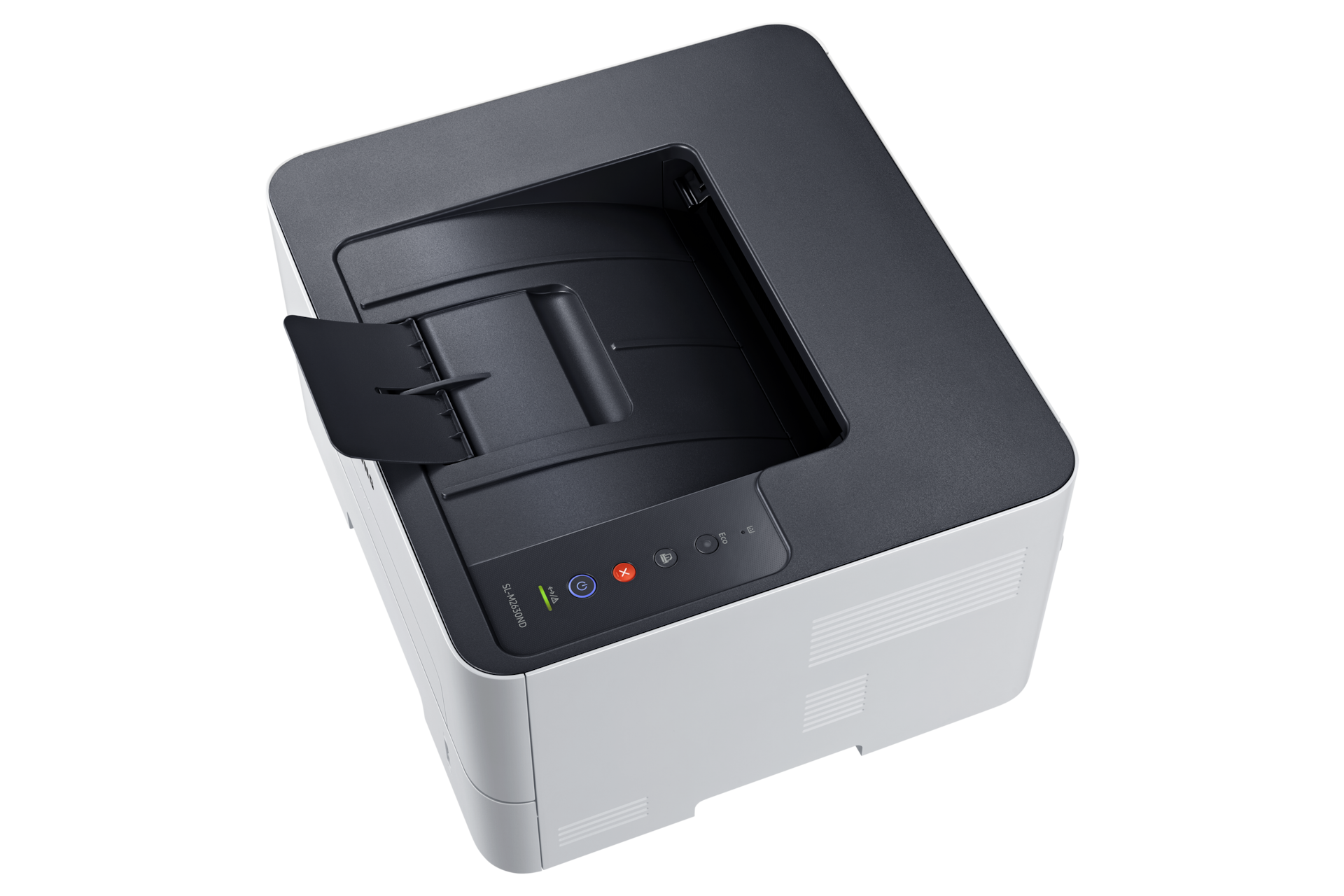 흑백 레이저 프린터 26 ppm 화이트 제품 탑 뷰 용지 방지턱 열린 이미지