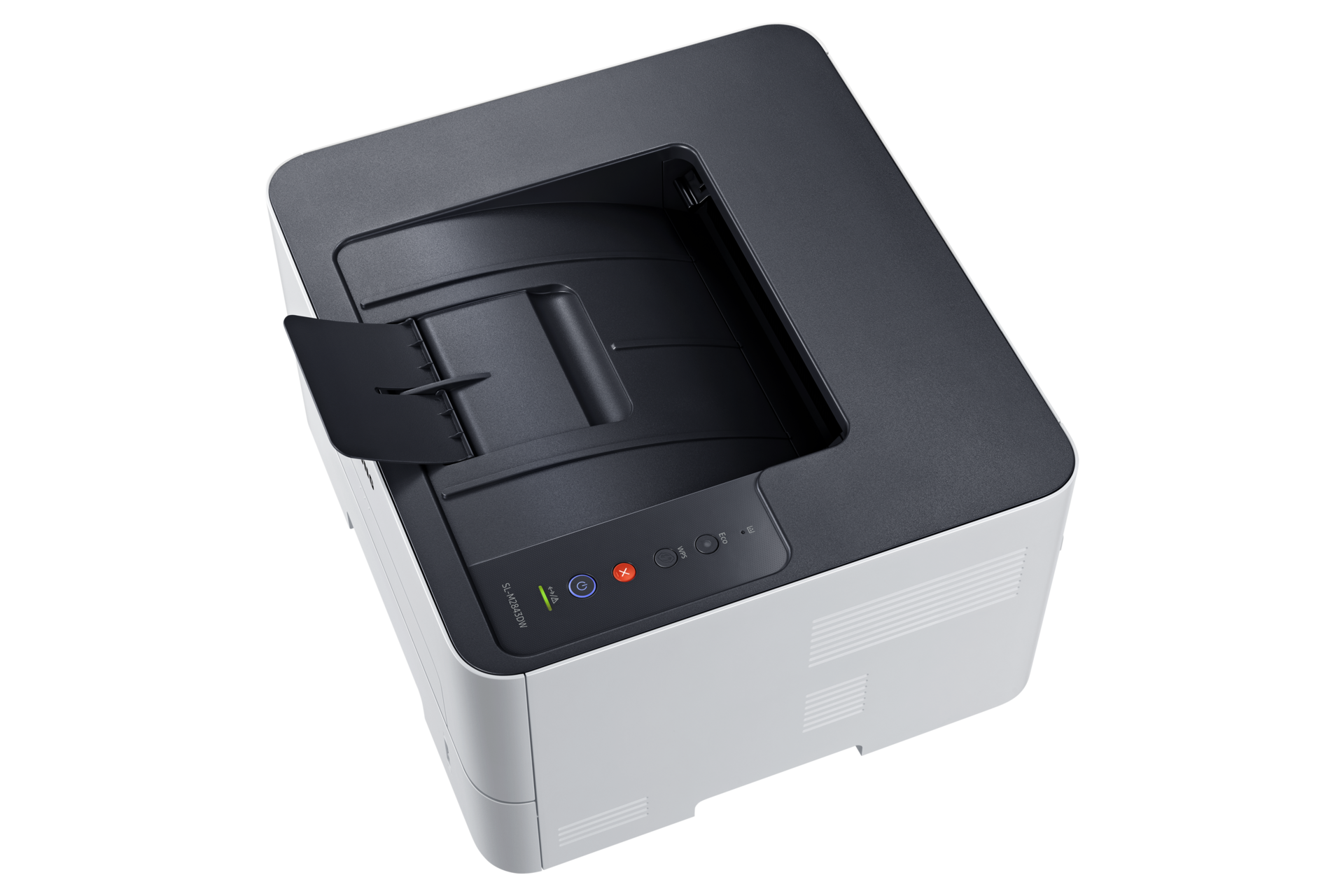 흑백 레이저 프린터 27 ppm 화이트 제품 탑 뷰 용지 방지턱 열린 이미지