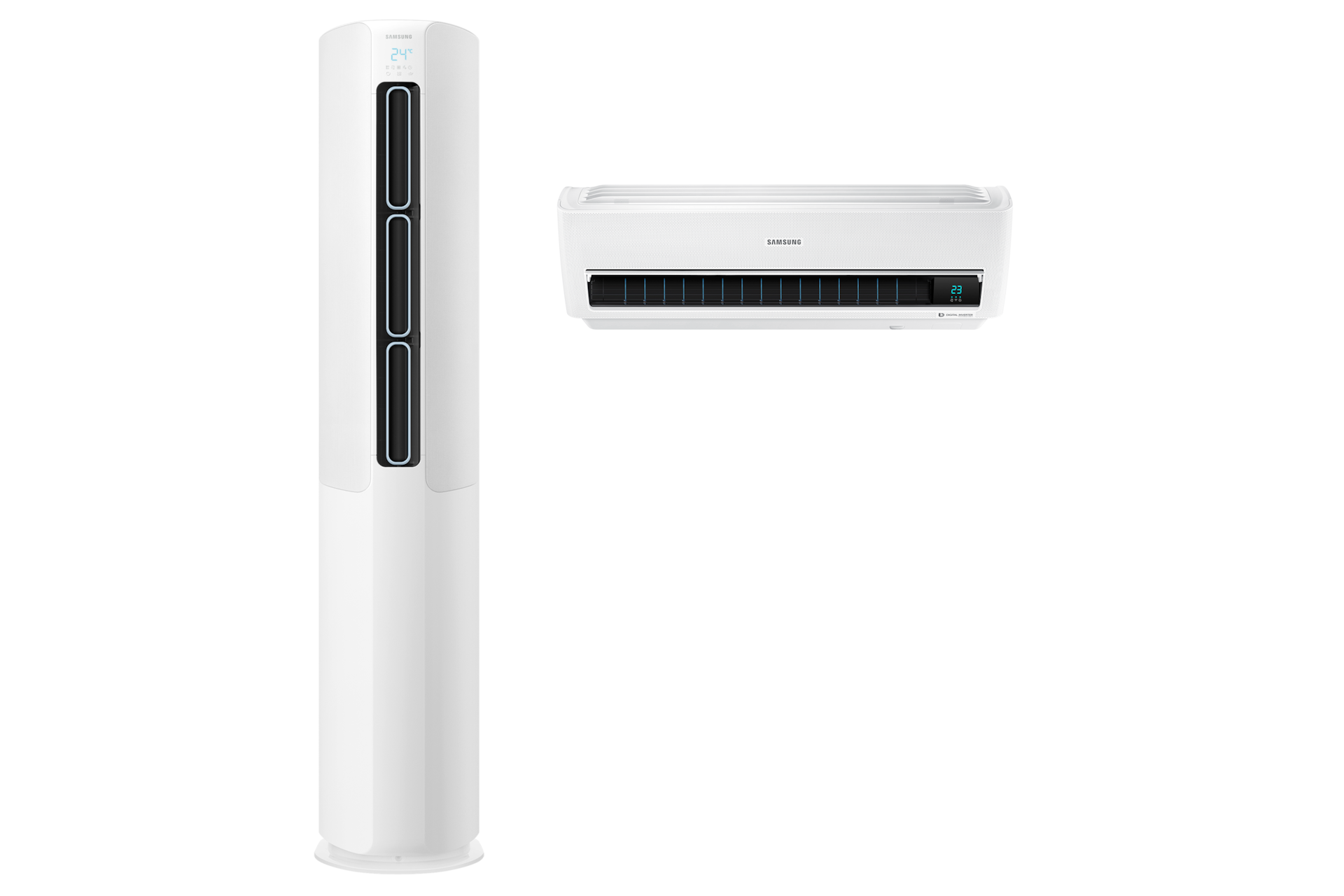 화이트 스탠드 에어컨 정면, 화이트 벽걸이 에어컨 정면 전원 켜짐