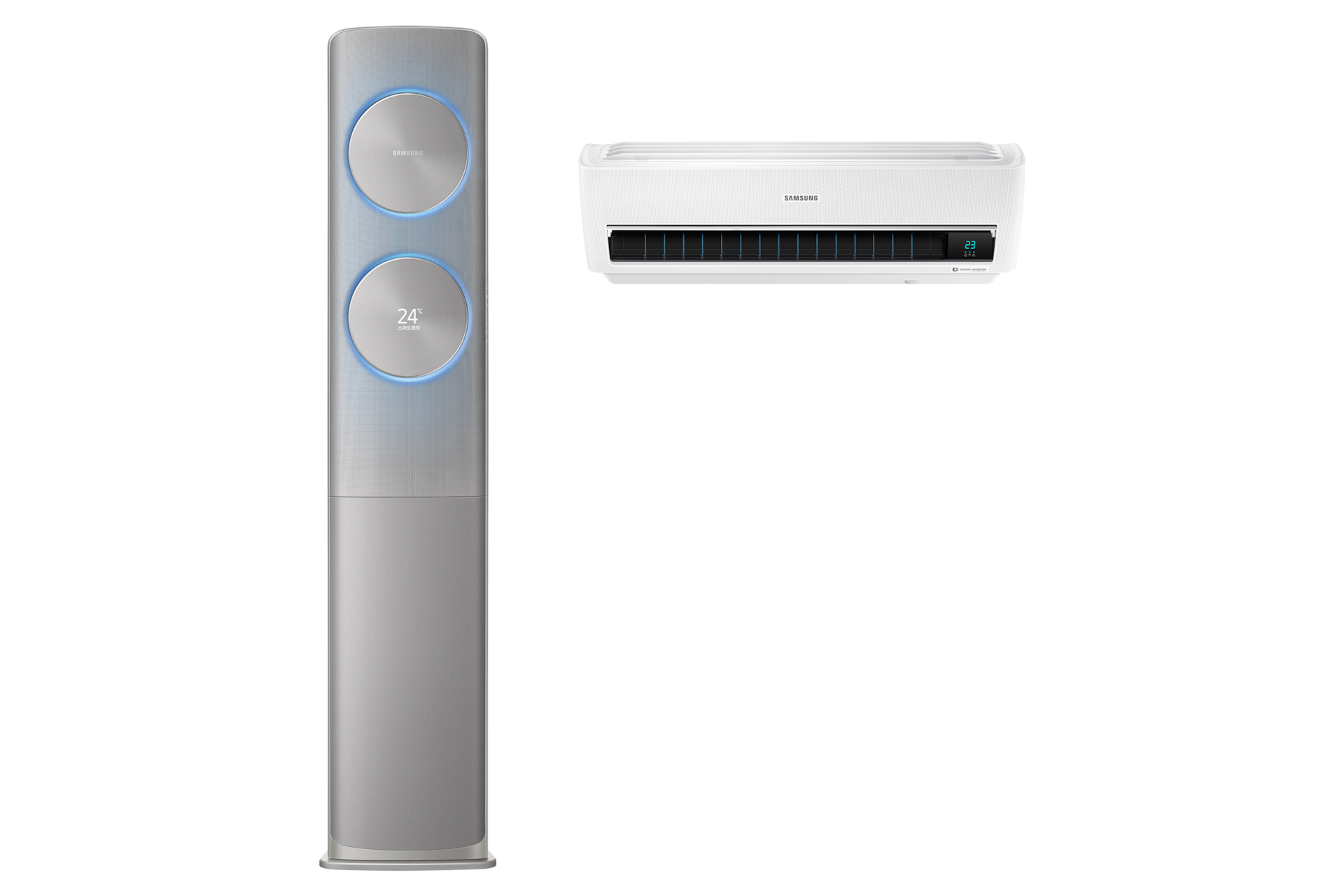 그레이 스탠드 에어컨 정면, 화이트 벽걸이 에어컨 정면 전원 켜짐