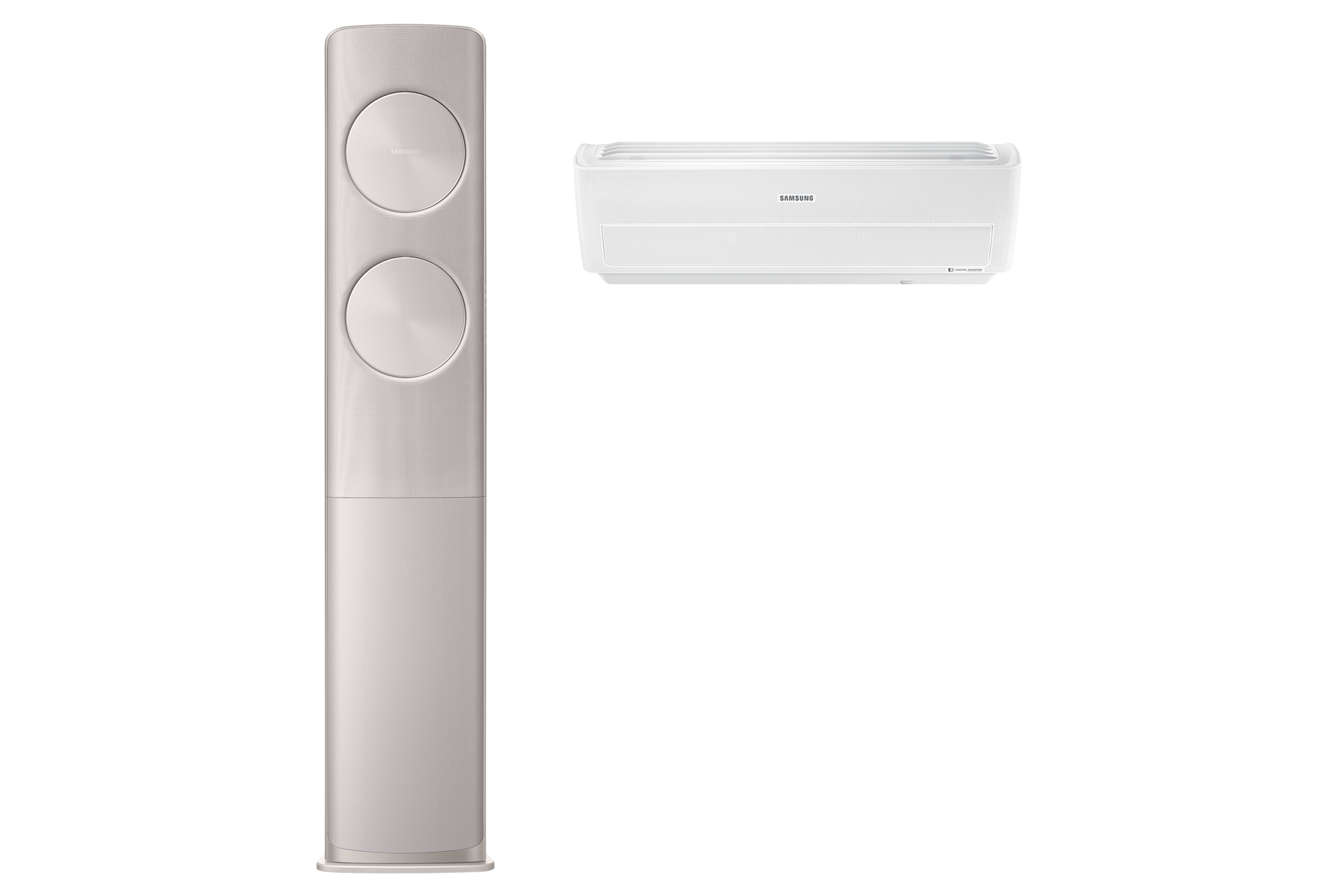 골드 스탠드 에어컨 정면, 화이트 벽걸이 에어컨 정면