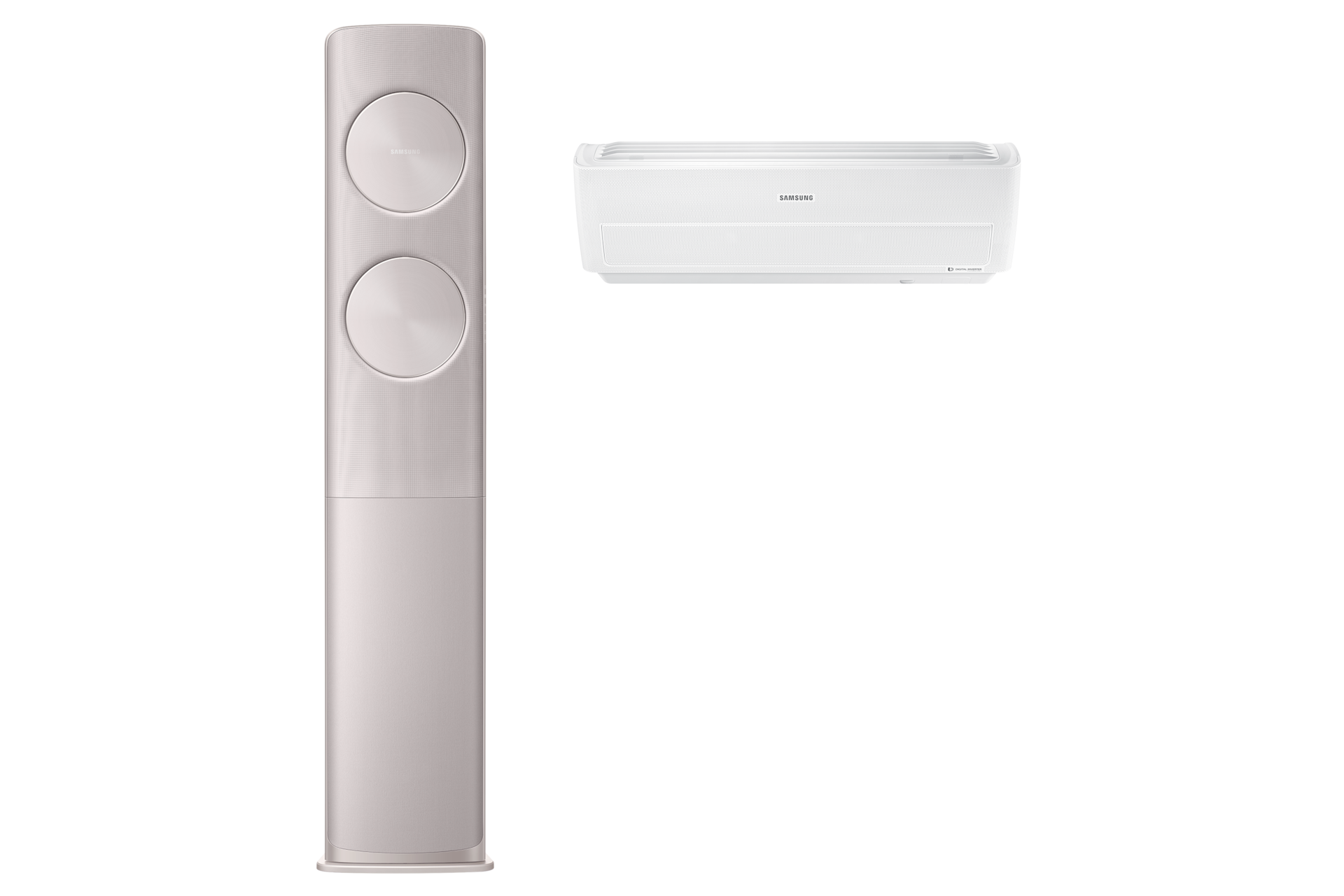 골드 스탠드 에어컨 정면, 화이트 벽걸이 에어컨 정면 