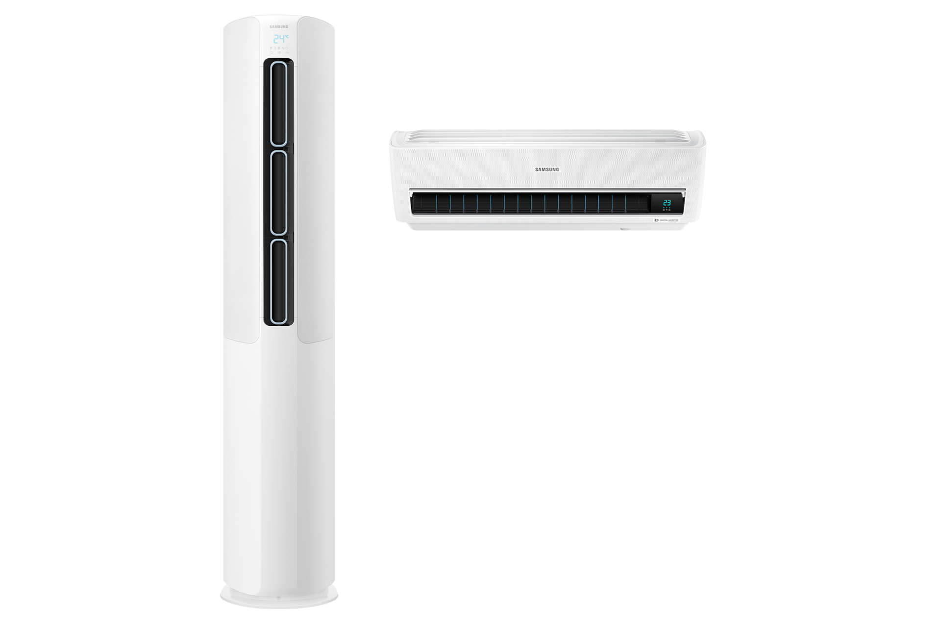 화이트 스탠드 에어컨 정면, 화이트 벽걸이 에어컨 정면 전원 켜짐