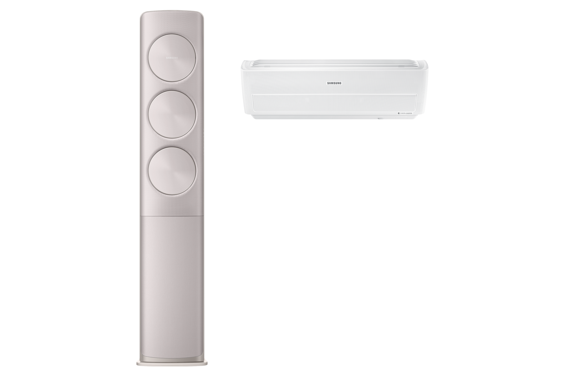 골드 스탠드 에어컨 정면, 화이트 벽걸이 에어컨 정면