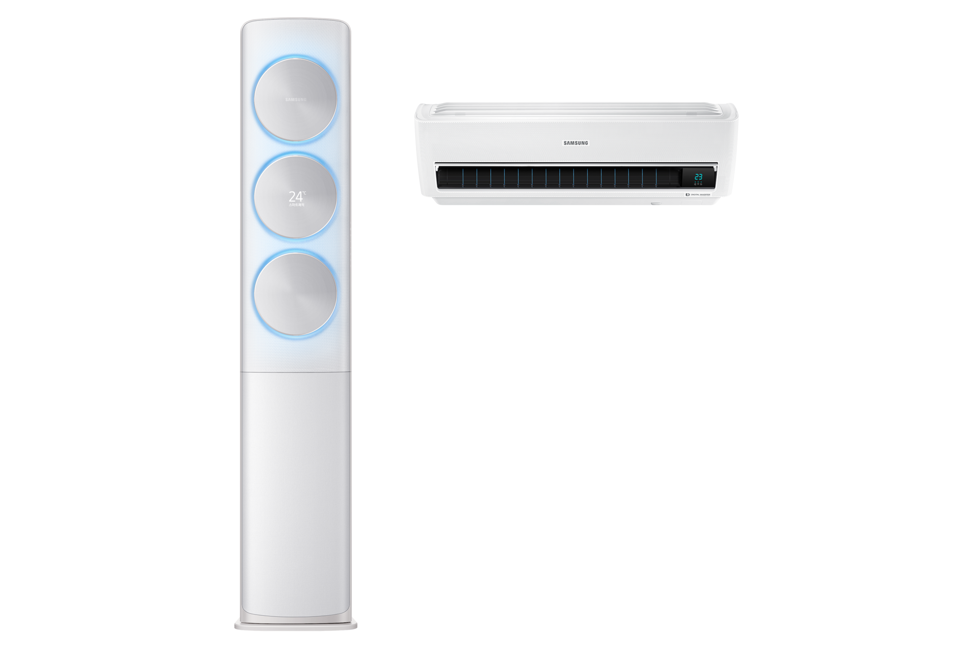 화이트 스탠드 에어컨 정면, 화이트 벽걸이 에어컨 정면 전원 켜짐