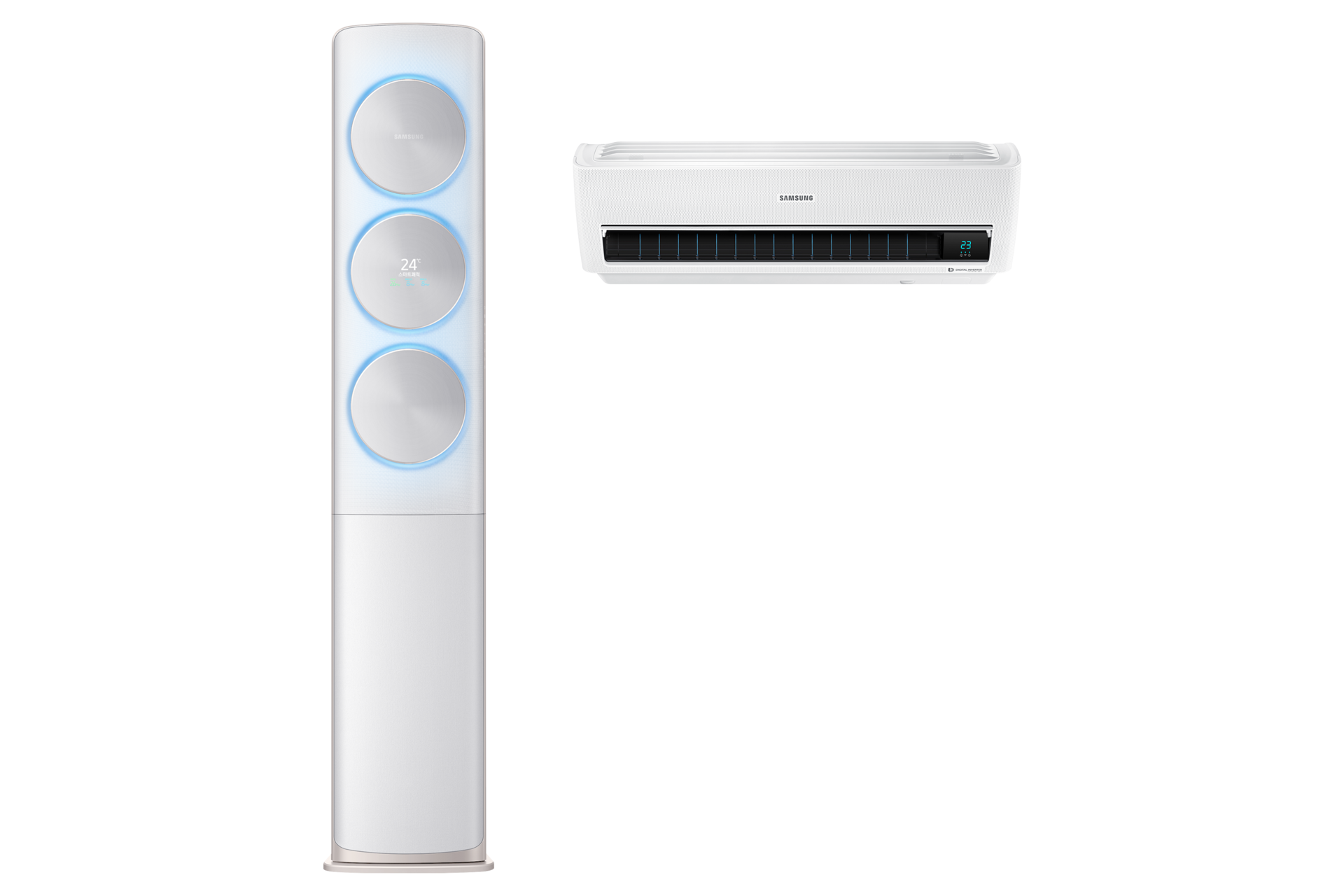 화이트 스탠드에어컨 정면, 화이트 벽걸이에어컨 정면 전원 켜짐