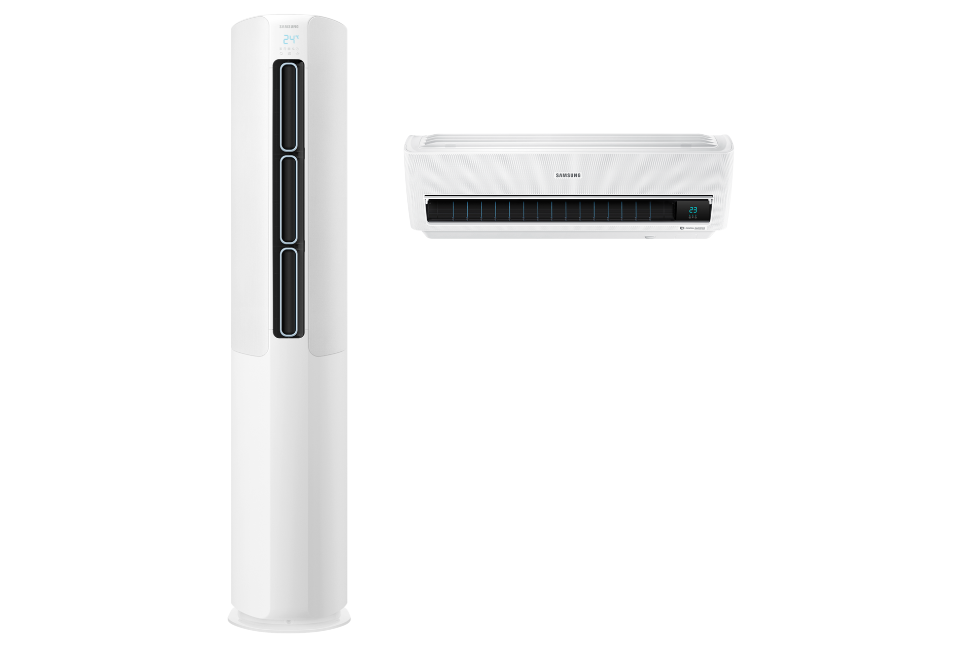 화이트 스탠드 에어컨 정면, 화이트 벽걸이 에어컨 정면 전원 켜짐