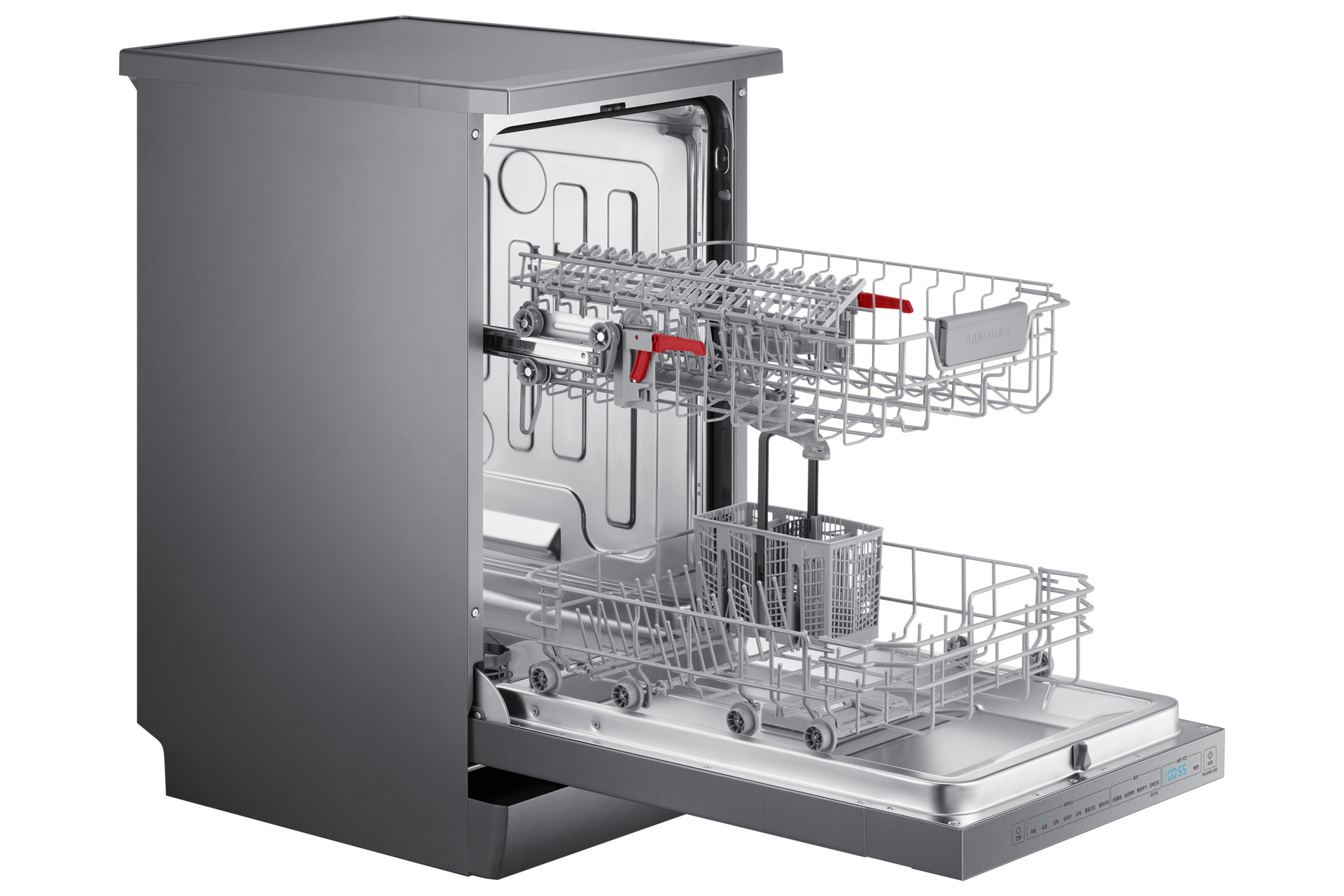 제품 앞면 왼쪽 60도 도어 열림 식기바구니 나옴