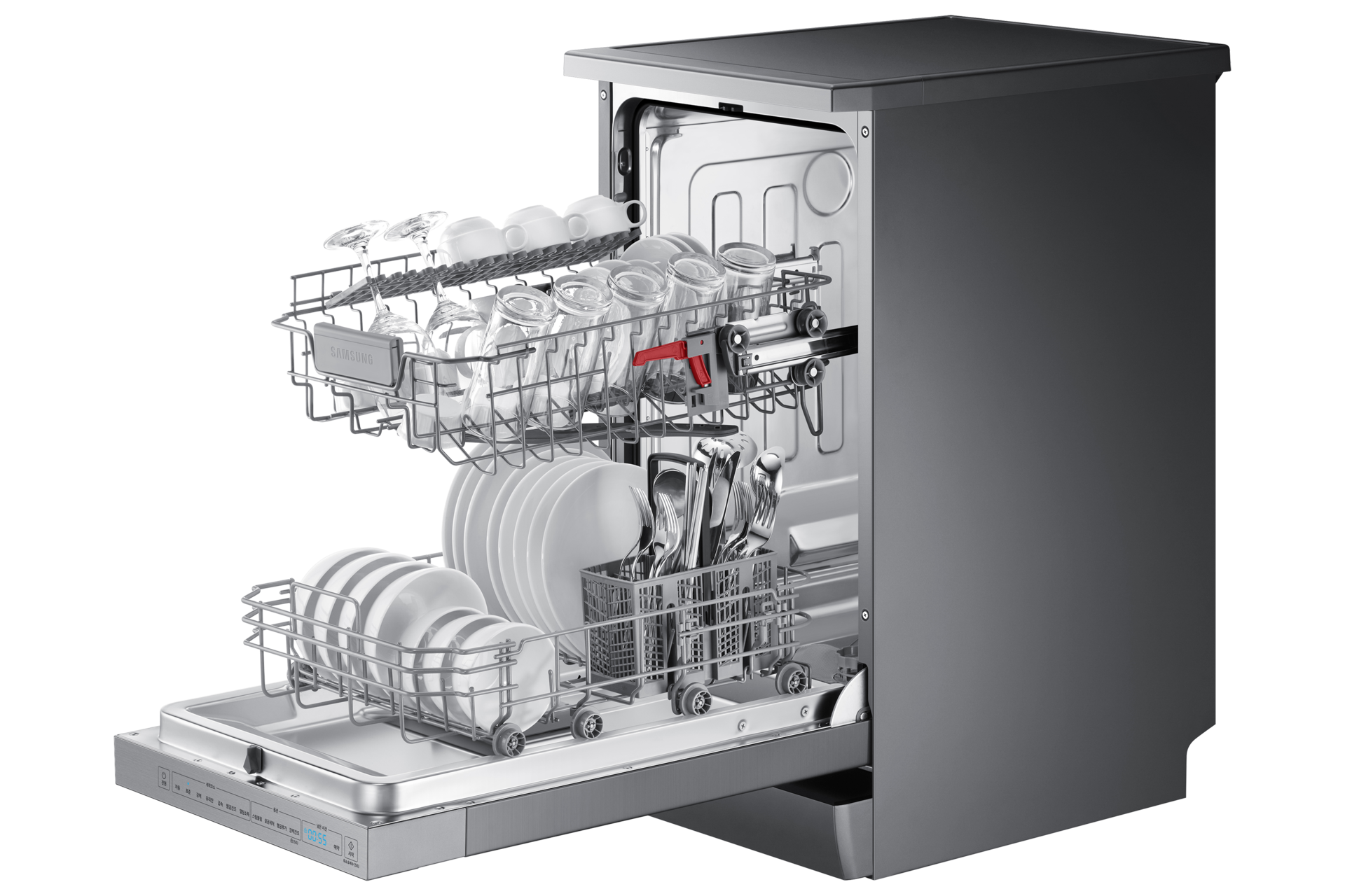 제품 앞면 오른쪽 60도 도어 열림 식기바구니 나옴