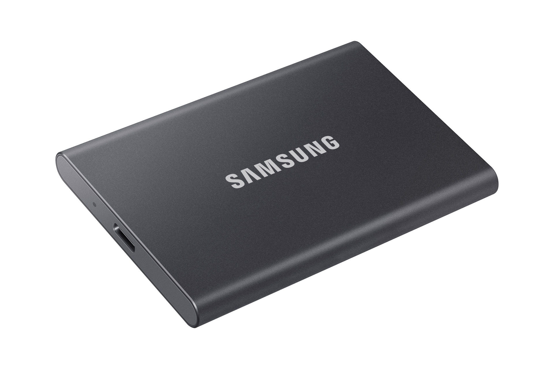 [외장 SSD T~7 ÚSB 3.2 G~éñ 2 1 TB~ (타이탄 그레이) 제품 눕힌 상태의 오른쪽으로 돌린 이미지]