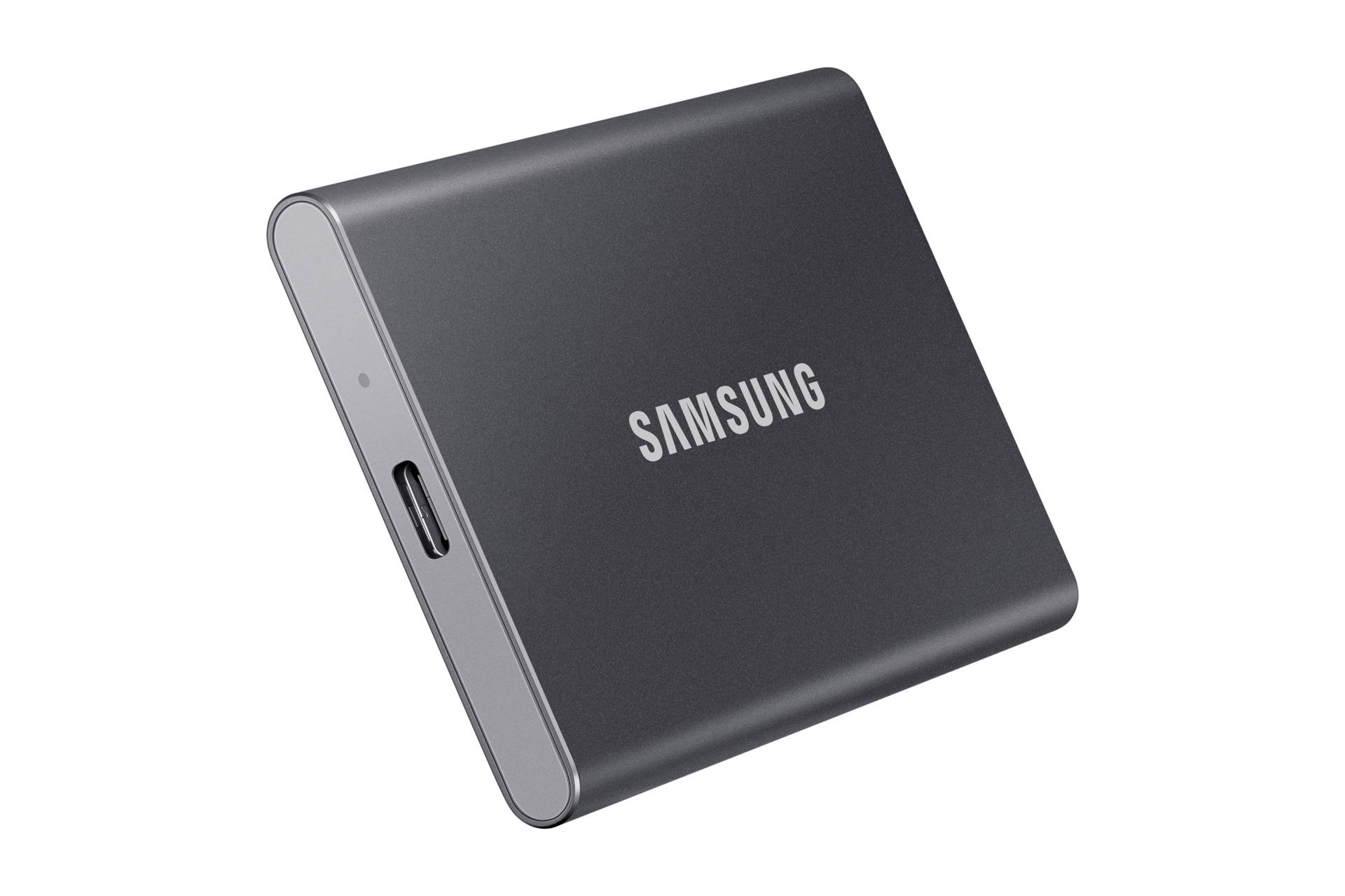 외장 SSD T7 USB 3.2 Gen 2 1 TB (타이탄 그레이) 제품 정면 우측으로 돌린 후 좌측 하단으로 내린 이미지